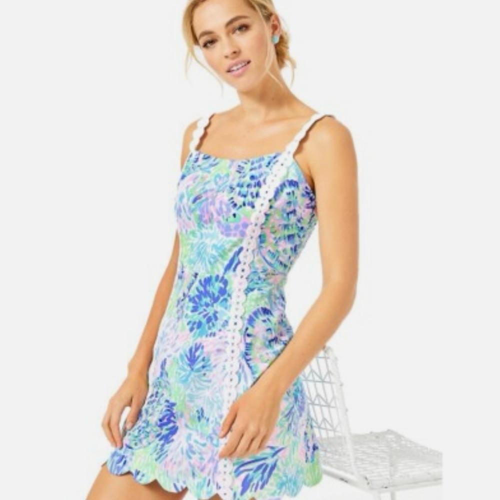 Lilly Pulitzer Jesse Shell Of A Party Lace Trim Stretch Dress Short Romper 8